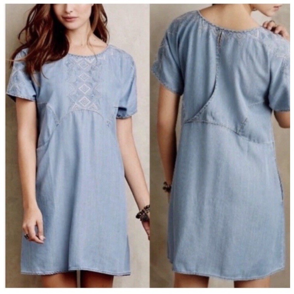 Anthropologie Holding Horses Embroidered Chambray Denim Dress SP Pockets Boho